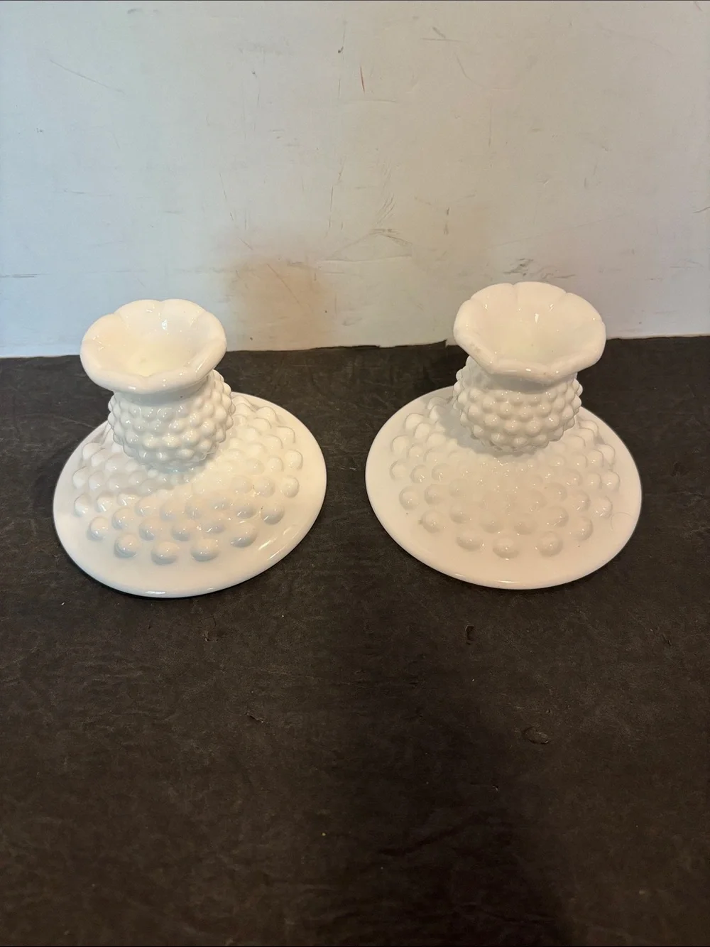 Fenton 3974 White Hobnail Milk Glass Flat Footed 3” Glass Candle Holders - Pair